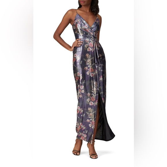 ML Monique Lhuillier Silver Floral Sequin Surplice Gown Size 6 US $595